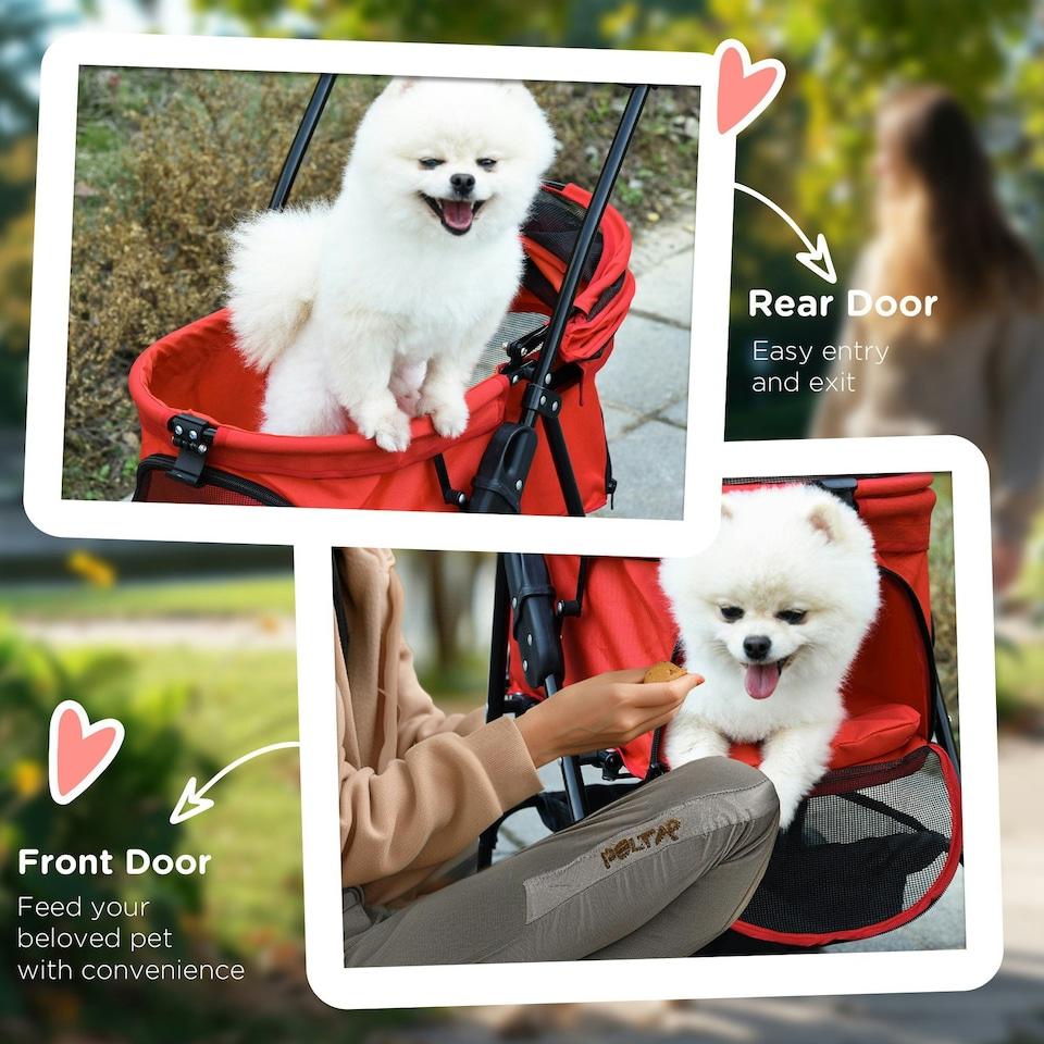 image 1 of PawHut Pet Stroller Foldable Travel Carriage w/ Brake Basket Canopy, Red