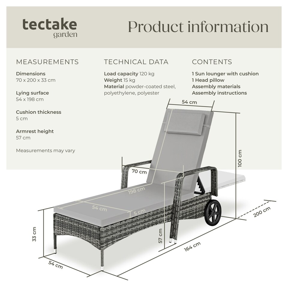 image 1 of Sun Lounger - 6-position backrest, weather & UV-resistant, soft pillow, two wheels Grey | Light Grey