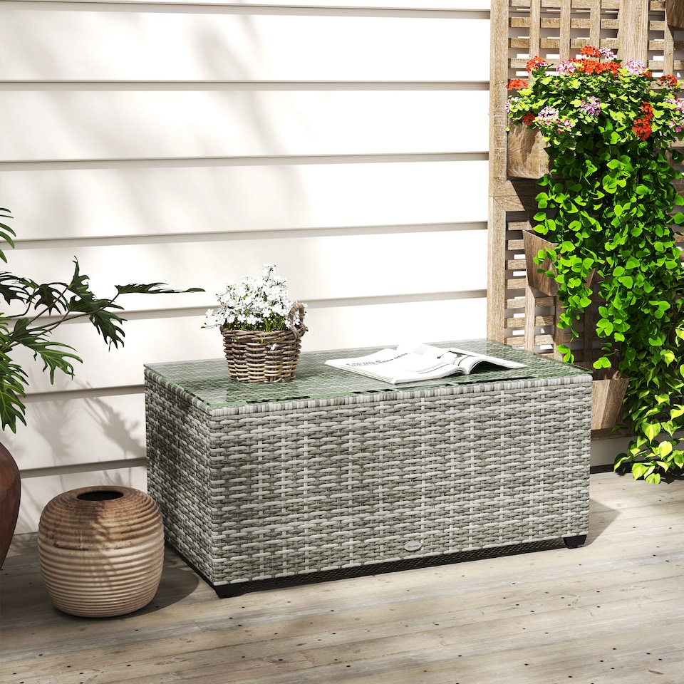 image 1 of Outsunny Outdoor Coffee Table, Glass Top Rattan Side Table, Light Grey