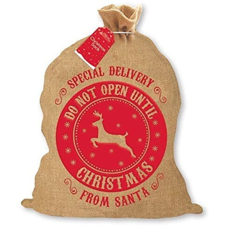image 1 of Christmas Santa Hessian Traditional Sack with Reindeer Design