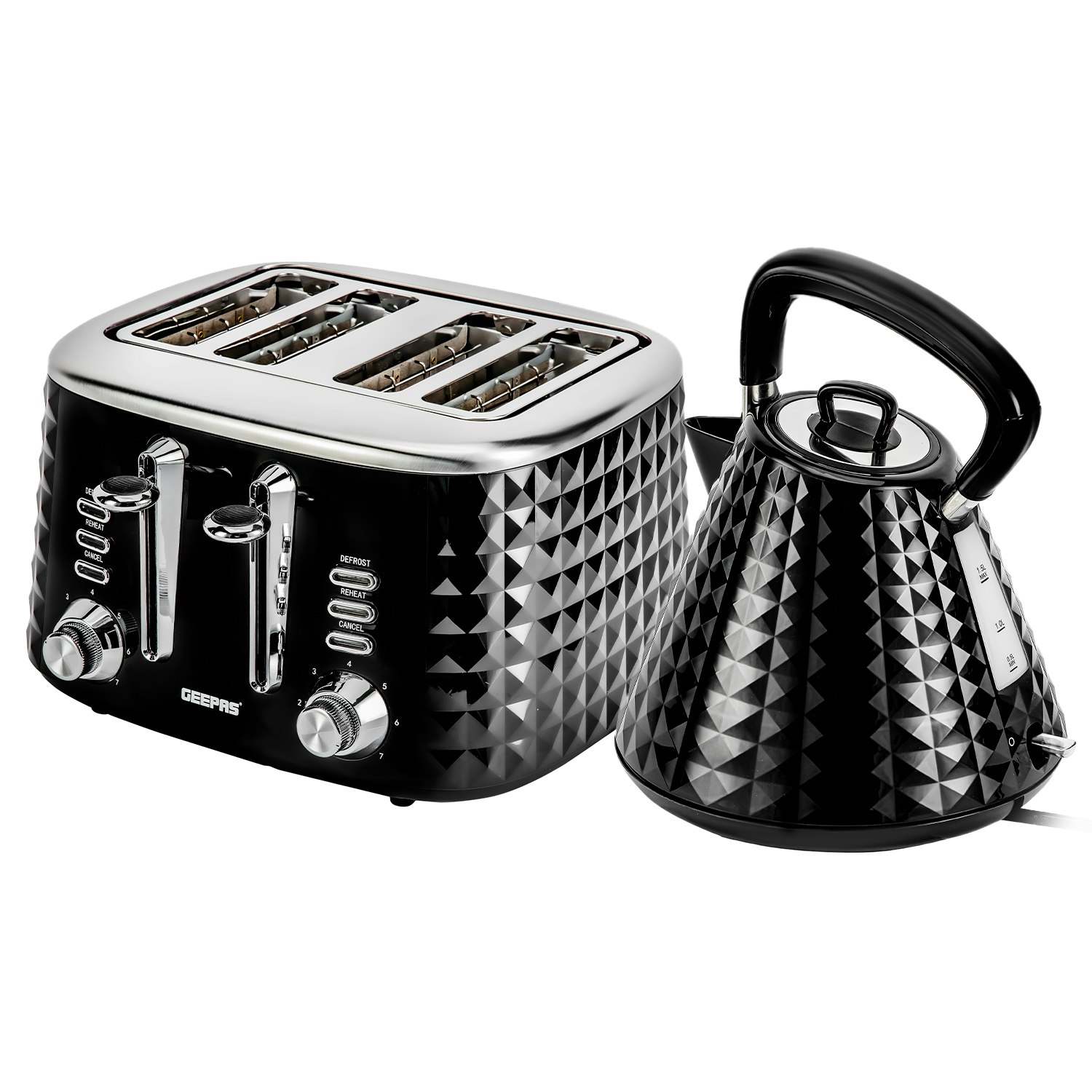 GEEPAS 4 Slice Bread Toaster & 1.5L Cordless Electric Kettle Combo Set Textured Design