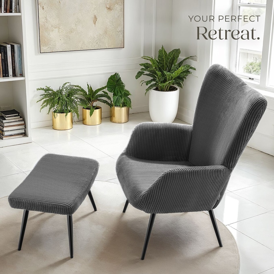 image 1 of Armchair Hygge - padded, armrests and ergonomic backrest, 150 kg load capacity | Grey | Wide cord anthracite/black | One Size | 1