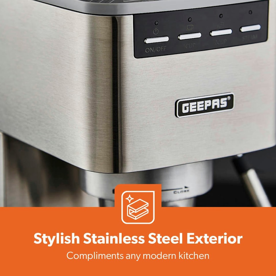 image 1 of GEEPAS Espresso & Cappuccino Coffee Machine with Milk Frother - Silver