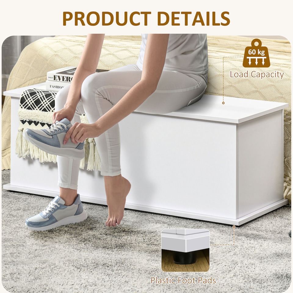 image 1 of HOMCOM 113L Storage Chest, Storage Box with Flip-Top Lid and 2 Safety Hinges, Storage Trunk for Living Room, Entryway, 100 x 40 x 40 cm, White