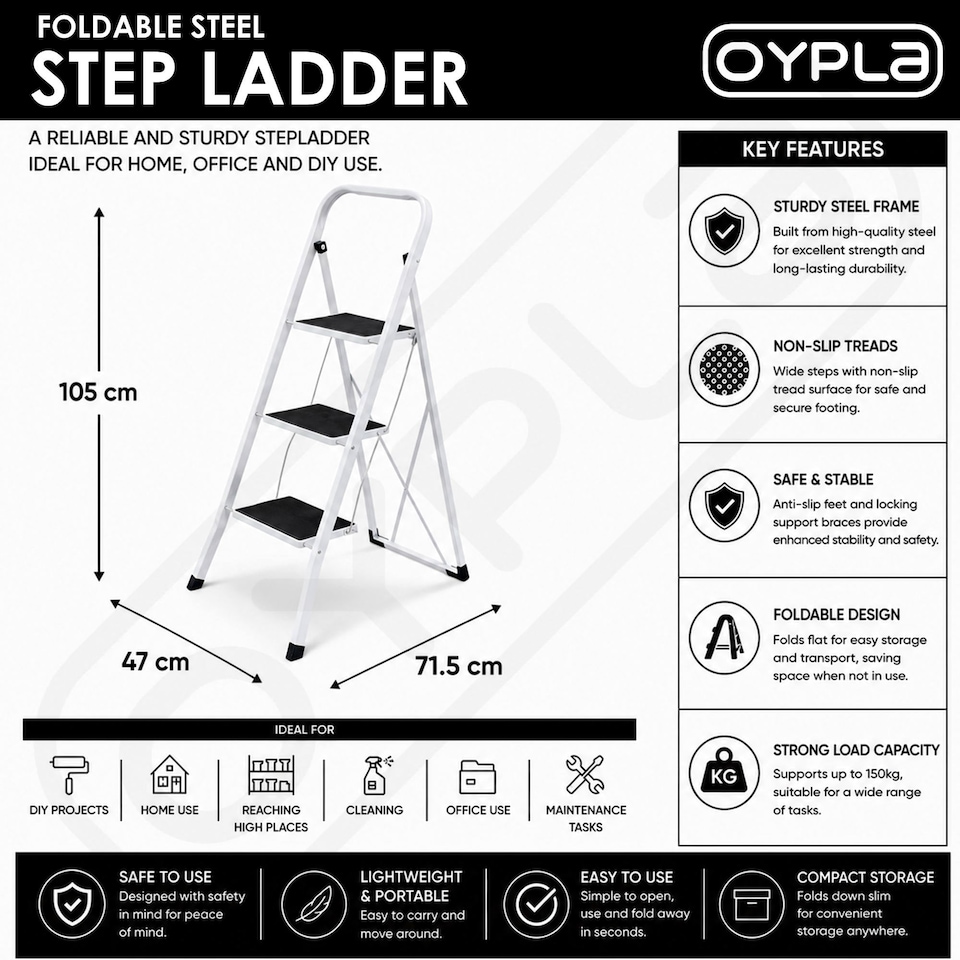 image 1 of Foldable 3 Step Ladder Stepladder Non Slip Tread Safety Steel | White