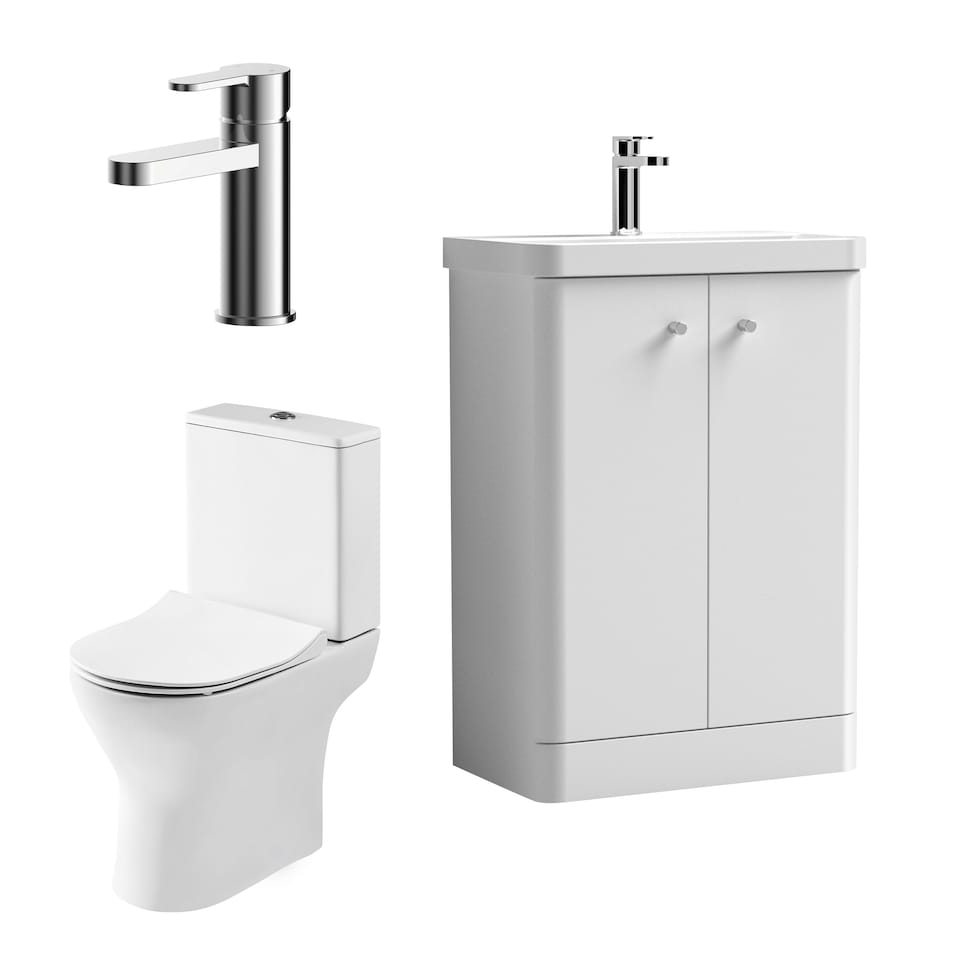 image 1 of Floor 2 Door Bathroom Vanity Unit, Tap & Toilet Pack, White, 579mm | White | Satin White