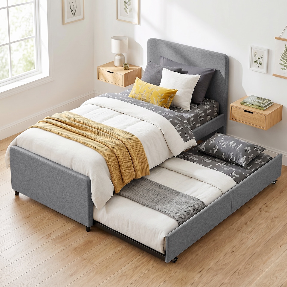 image 1 of HOMCOM 90 x 190 cm Upholstered Single Bed, Pull Out Trundle Bed