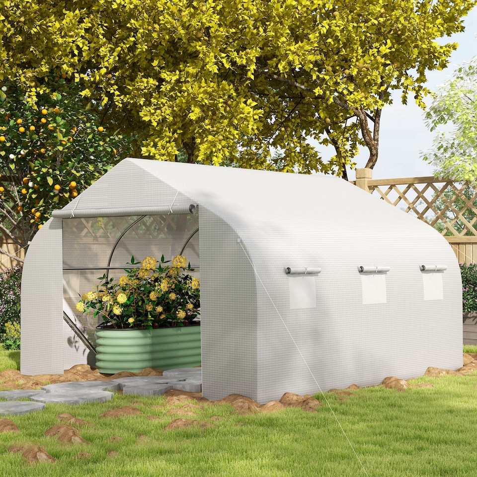 image 1 of Outsunny Walk-In Polytunnel Greenhouse w Roll Up Door Windows, 3.5x3x2 m White
