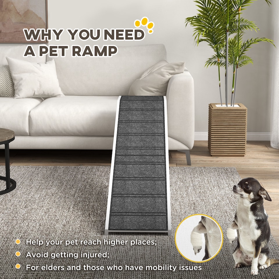 image 1 of PawHut Dog Ramp for Bed, Pet Ramp for Dogs with Non-Slip Carpet and Top Platform, White & Grey