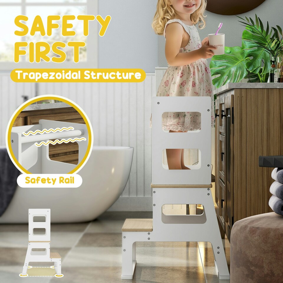 image 1 of AIYAPLAY 2 in 1 Toddler Tower w/ Chalkboard, Safety Rail, for Kitchen, Sink