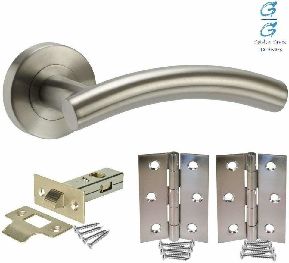 image 1 of Golden Grace 7 Set Internal Arched T-Bar Lever Door Handle on Round Rose in Satin Chrome with Latch Hinges | Grey | 7 Pairs