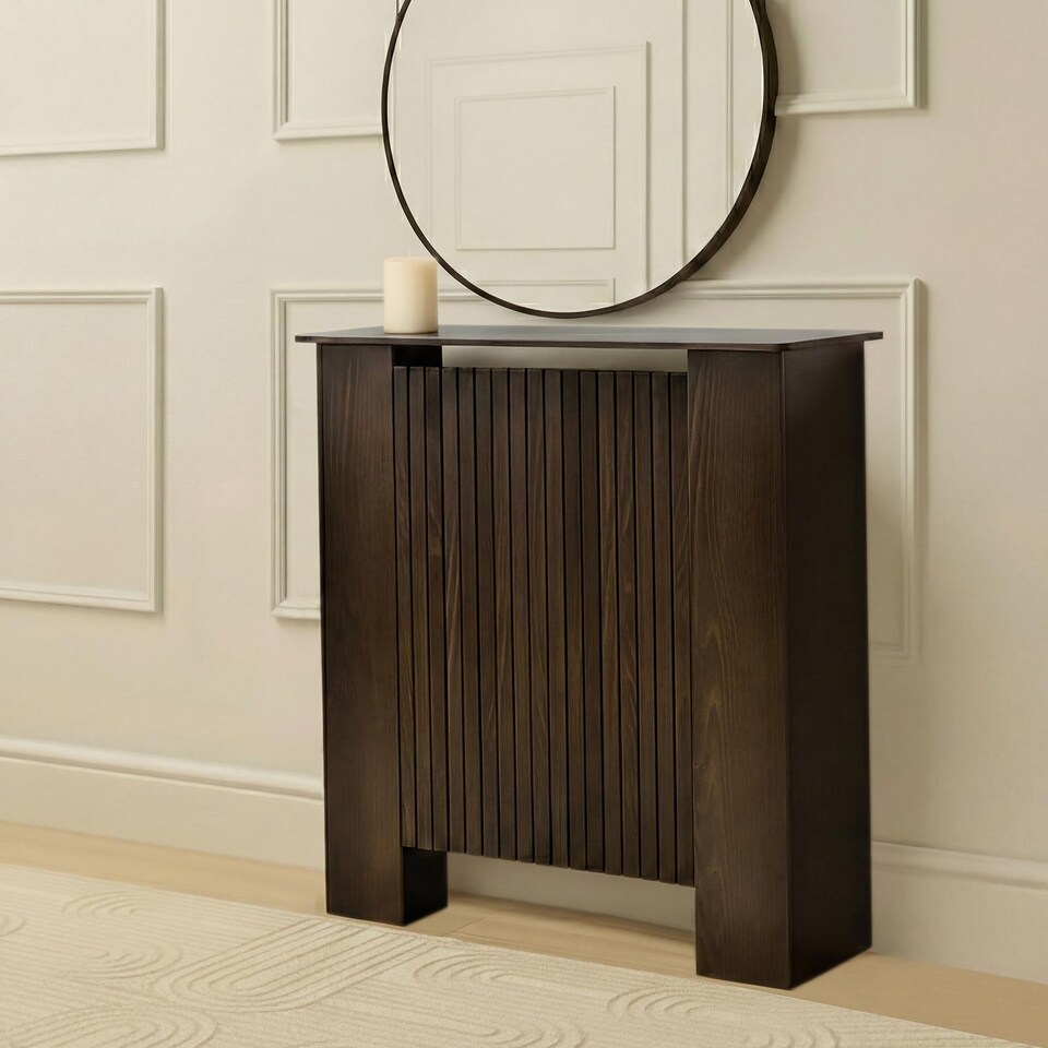 image 1 of OHS Ribbed Small Radiator Cover Slatted Engineered Wood | Brown | Dark Brown Wood