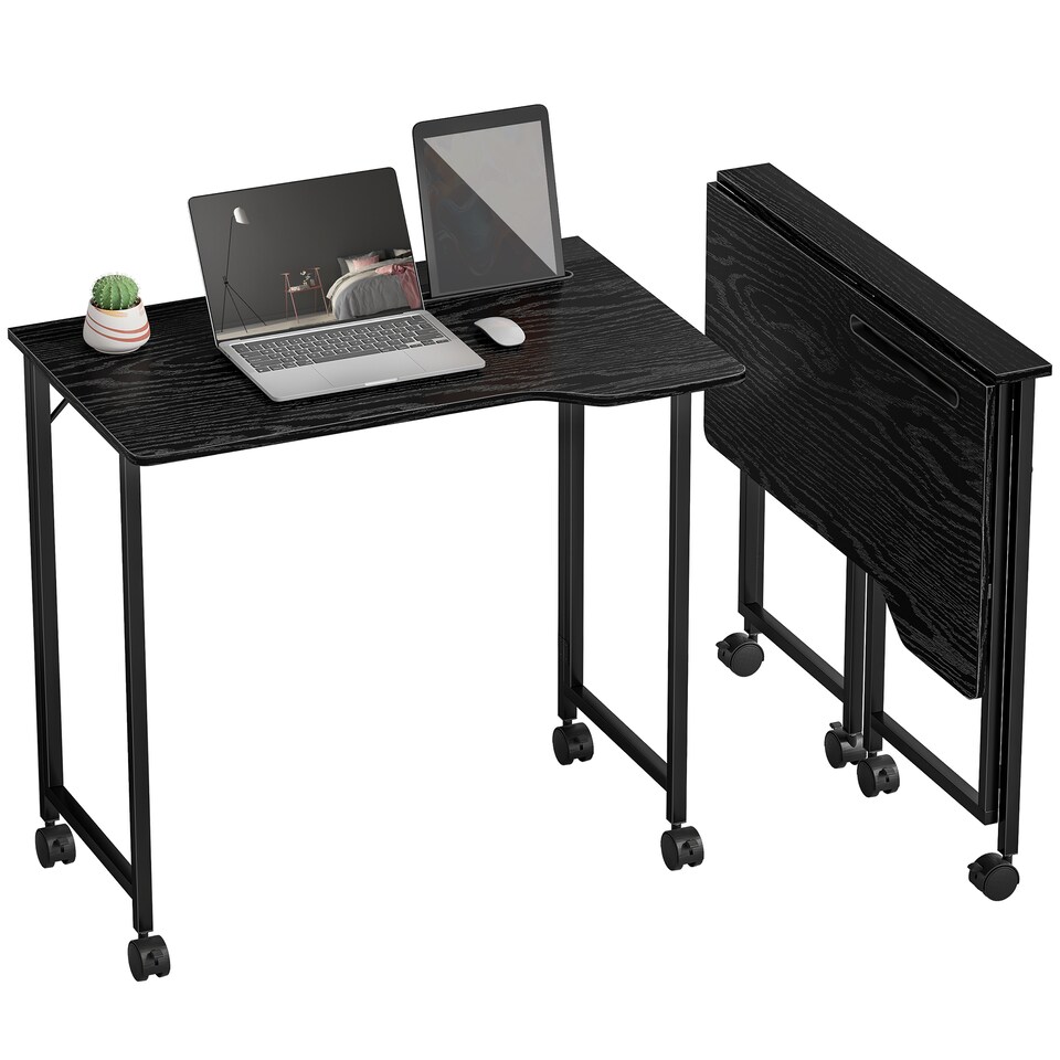 image 1 of HOMCOM Small Folding Desk, 80 cm Foldable Computer Desk on Wheels for Small Space, Space Saving Writing Table with Device Slot for Home Office, Bedroom, Easy Assembly, Black Wood Effect | Black