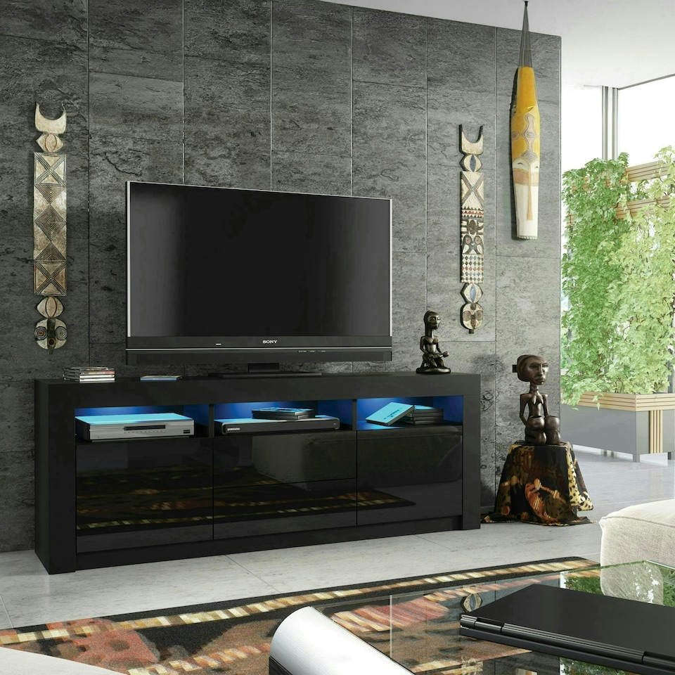 image 1 of TV Unit 160cm Black Gloss Doors & Drawers Black Matt Body With LED Black
