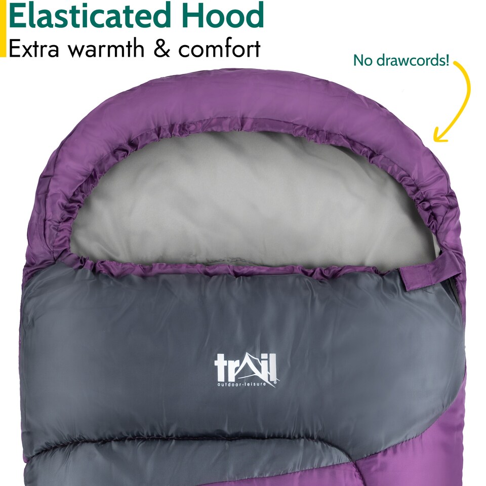 image 1 of Trail Kids Sleeping Bag Mummy Hooded 3 Season Soft Warm 2 Way Zip Boys Girls | Purple | Kids | 1