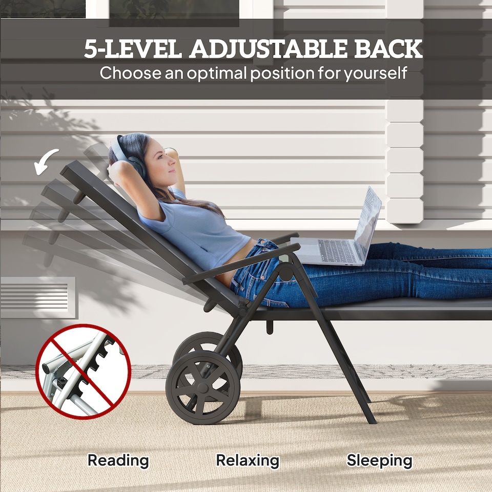 image 1 of Outsunny Folding Sun Lounger with Wheels, 5-Position Reclining Garden Lounger with Armrests, Metal Frame Portable Outdoor Reclining Chair Sunbed for Beach, Porch, Grey | Grey | Grey