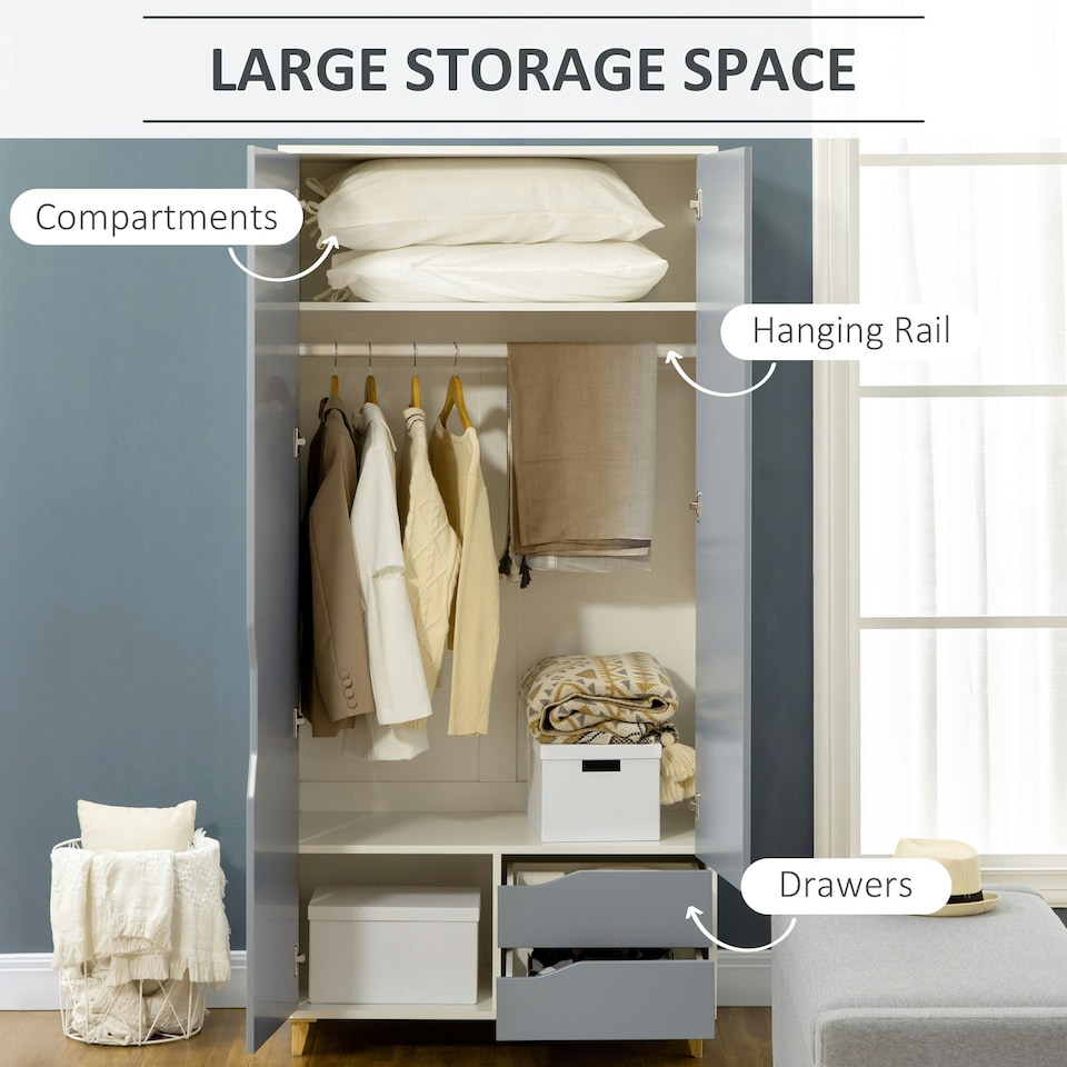 image 1 of HOMCOM 2 Door Wardrobe with Drawers, Hanging Rail, Shelves
