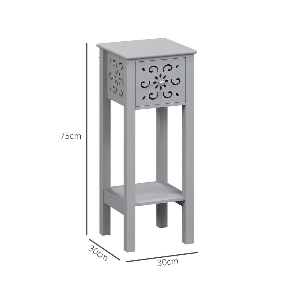 image 1 of HOMCOM Side Table Set of 2, Bedside Table Set with Drawer and Storage Shelf, End Table Set with Elegant Flower-Shaped Design for Living Room Bedroom, Grey | Grey