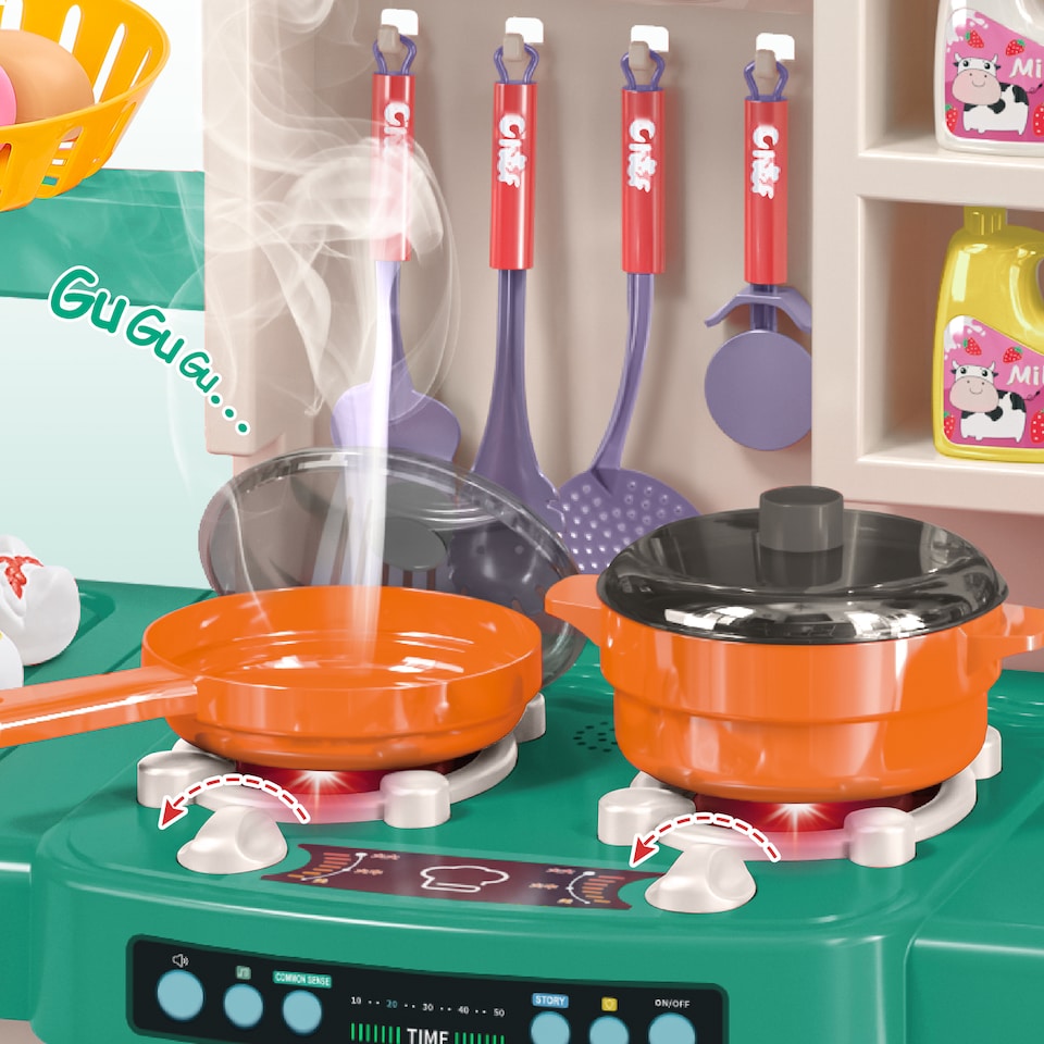 image 1 of Realistic Kitchen Play Set for Toddlers Steaming Spray Lights Cooking Sounds Pretend Role Play (Green)