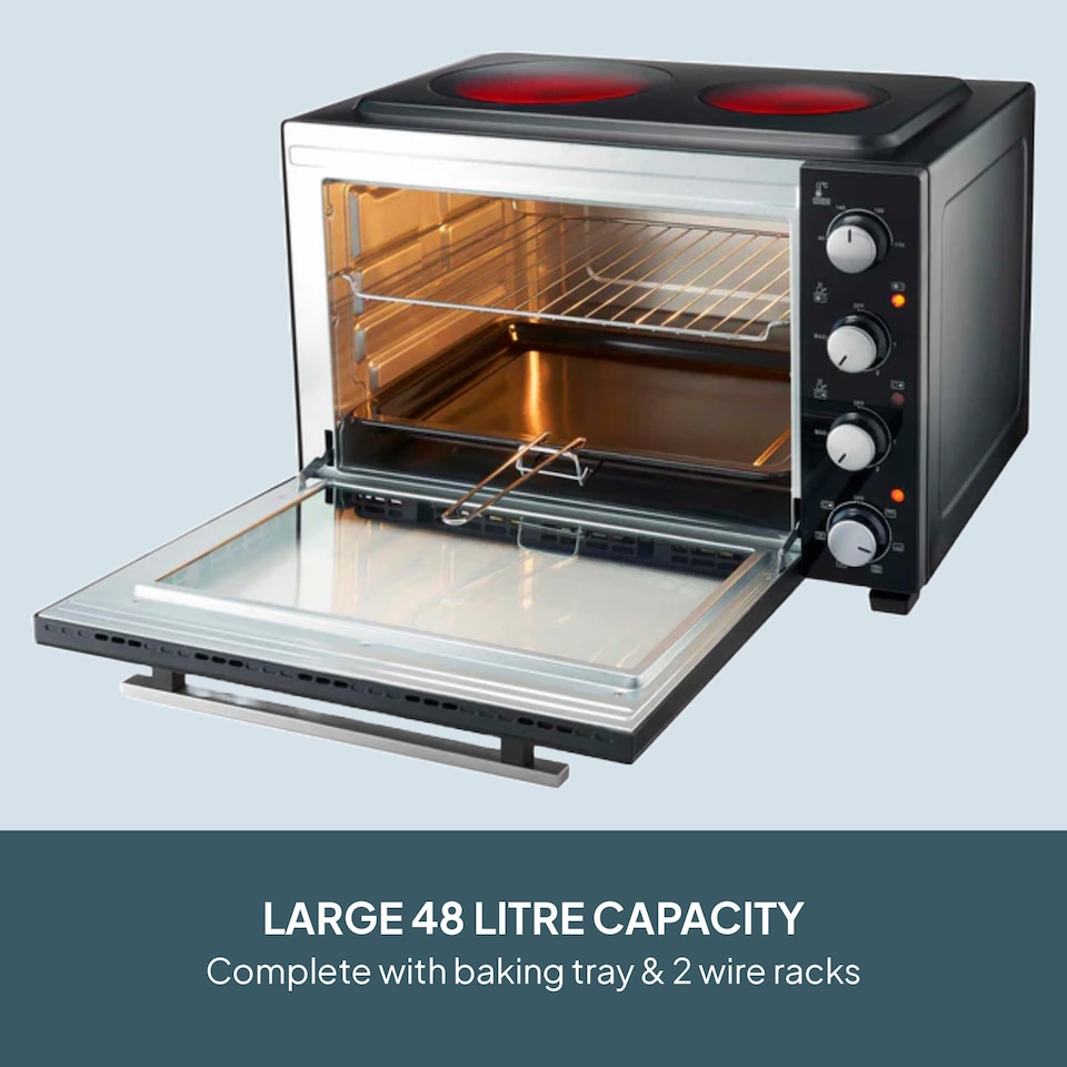 image 1 of Cooks Professional 48L Mini Portable Oven with 2 Ceramic Hobs - Electric Portable Countertop Cooker | Black | Black & Silver