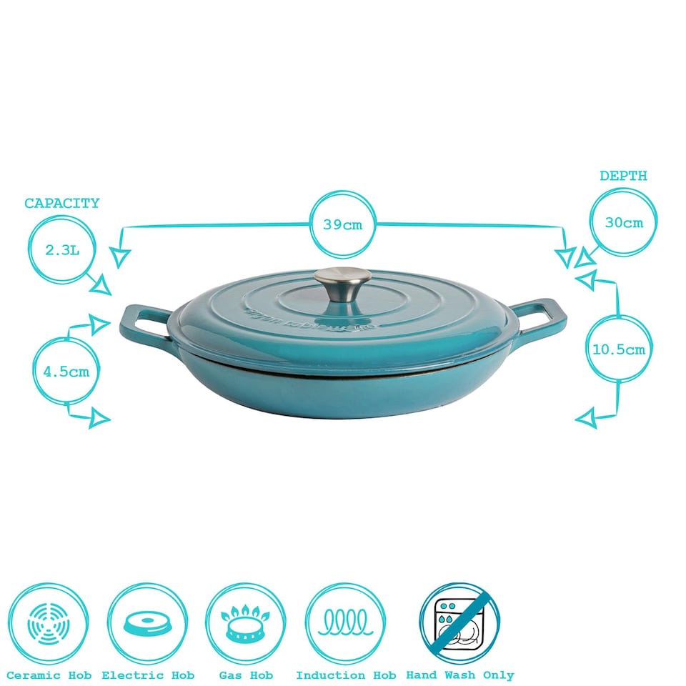 image 1 of Argon Tableware Shallow Casserole Dish - Cast Iron Enameled Dutch Oven - Self-Basting Lid - Hob to Oven - 2.3 Litre | Blue | Teal Ombre | 2