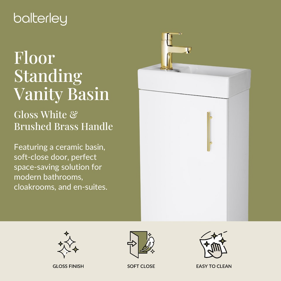 image 1 of Wall Hung Vanity Basin 400mm Gloss White & Brushed Brass Handle | White | Gloss White | 781 x 400 x 222mm