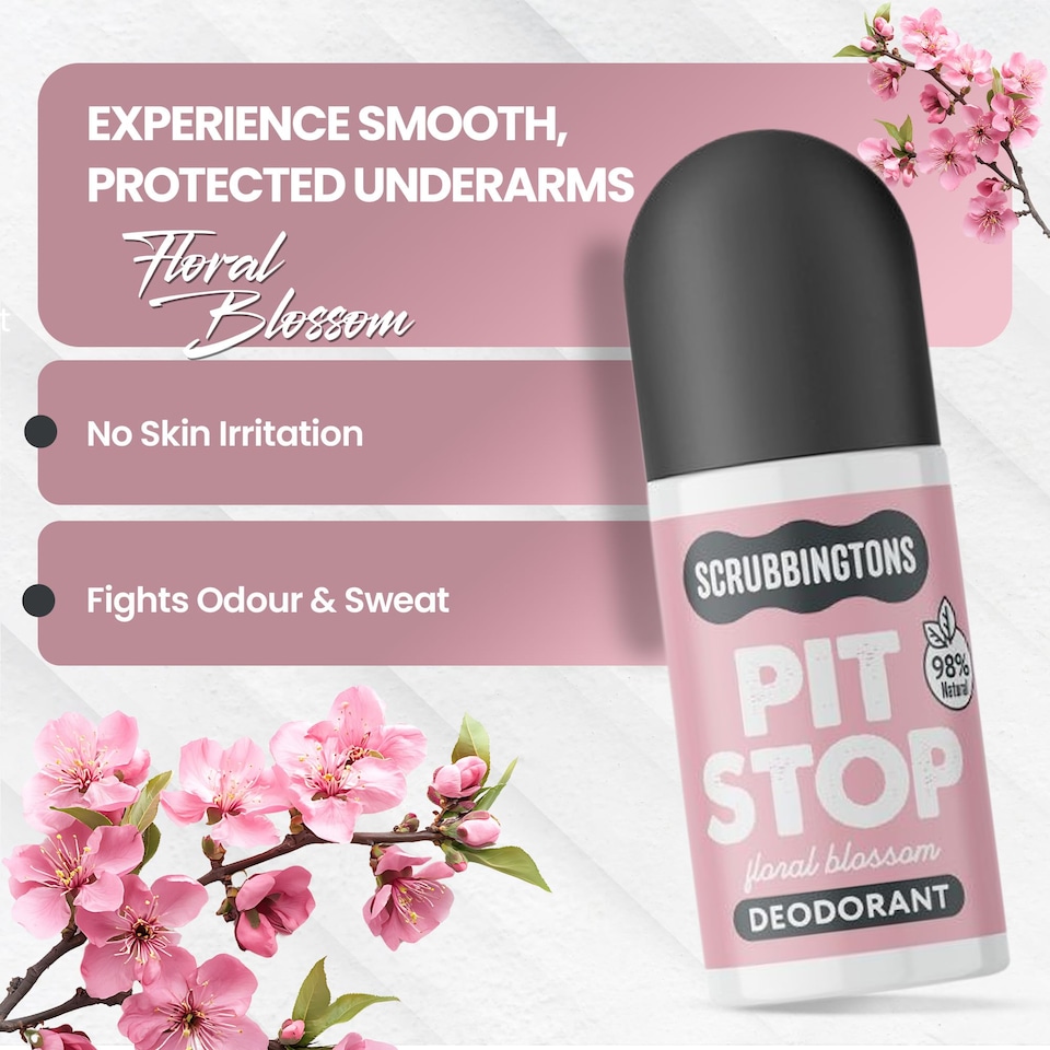 image 1 of Scrubbingtons Pit Stop Natural Deodorant For Women, Roll on For Sensitive Skin Made in UK. Paediatrician approved, Aluminium & Alcohol Free, Vegan & Cruelty Free, Floral Blossom, 75ml | White | White | 1