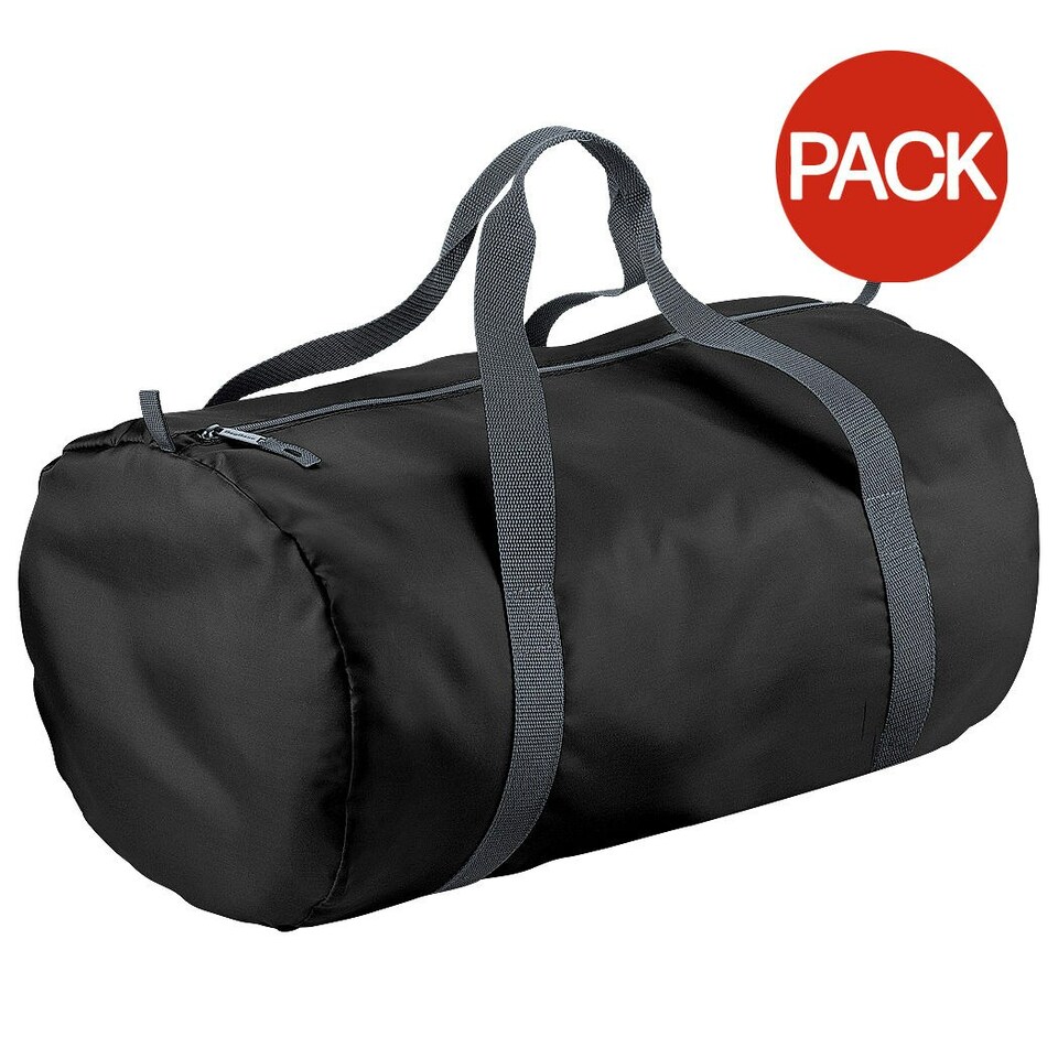 image 1 of BagBase Packaway Barrel Bag / Duffle Water Resistant Travel Bag (32 Litres) (Pack of 2) - Black - One Size