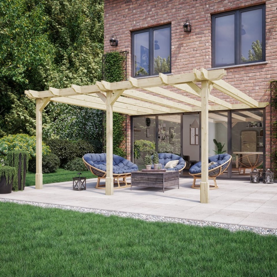 image 1 of Wall Mounted Double Premium Pergola 3 Posts - Wood - L420 x W660 x H270 cm - Light Green