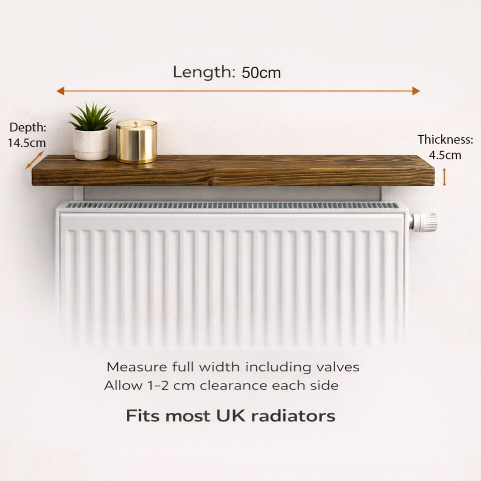 image 1 of MKGT Solid Wood Radiator Shelf with No-Drill Brackets, Handmade in UK, Tudor Oak – 50cm