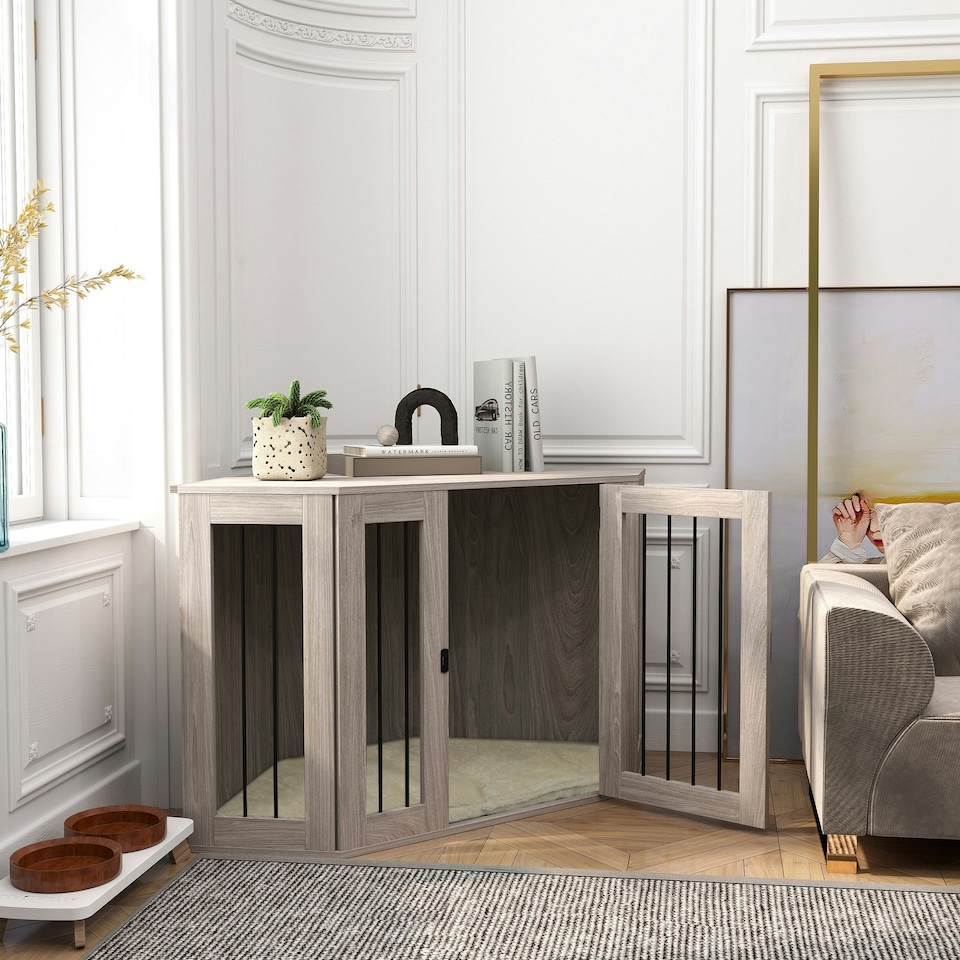 image 1 of PawHut Dog Crate Furniture for Large Dogs w/ Cushion, Door - Walnut Brown