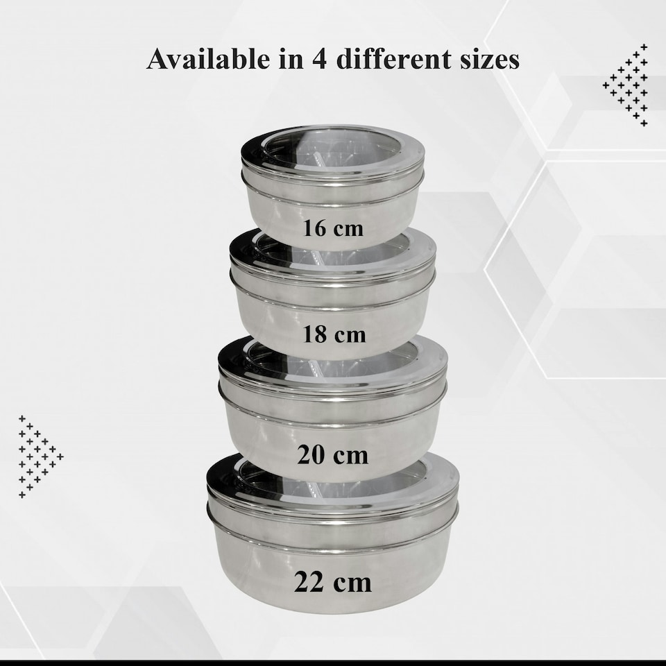 image 1 of Buckingham Stainless Steel Massala Dabba set , 7 cups + 1 Spoon , 22.5 cm with Acrylic / SS Lid Silver