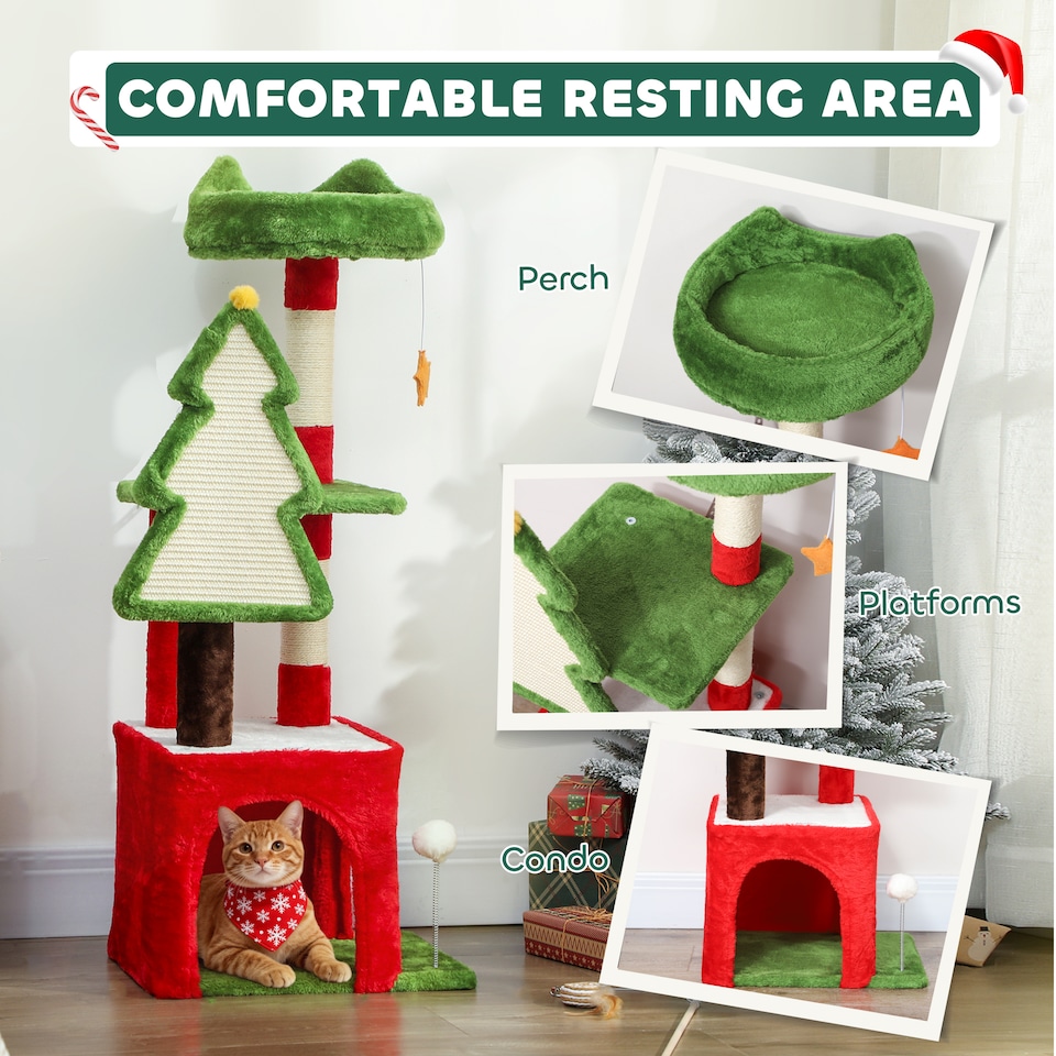 image 1 of PawHut Christmas Cat Tree, 103cm Multilevel Cat Climbing Tower with Scratching Post and Board, Condo, Platform and Toys, Kitty Activity Centre for Indoor Kittens, Green