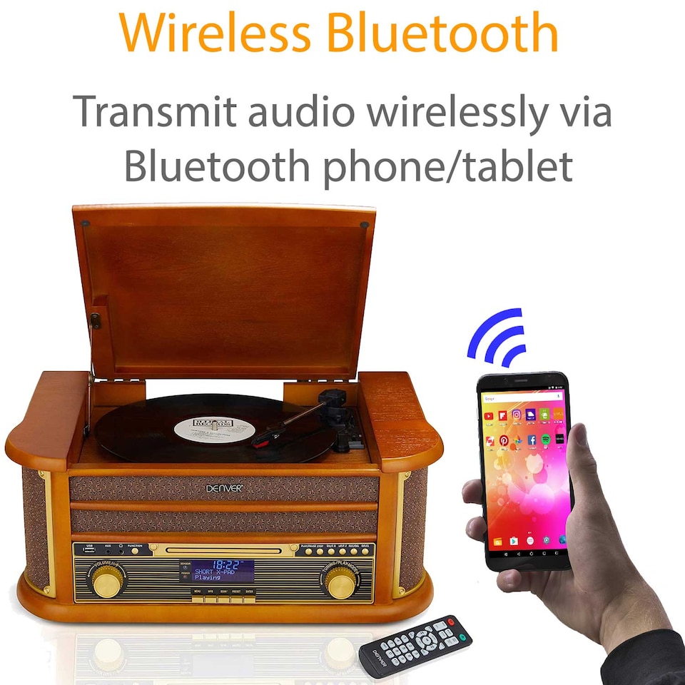 image 1 of Denver 9-in-1 Retro Vintage DAB Bluetooth Wooden Radio Record Player - MRD-51BT | Brown | Vintage Wood