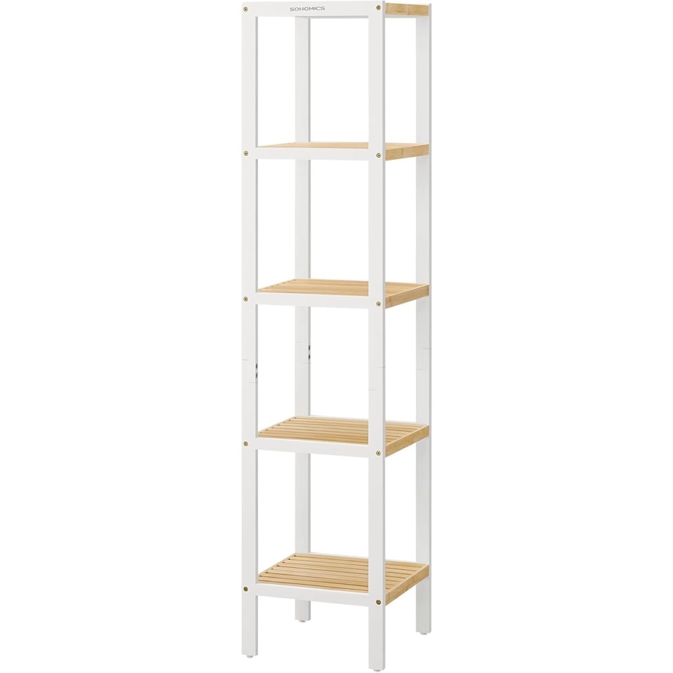 image 1 of Bamboo Freestanding Shelf, Five-Tier Corner Storage Unit for Kitchen, Room, Hallway, Cloud White and Natural Beige