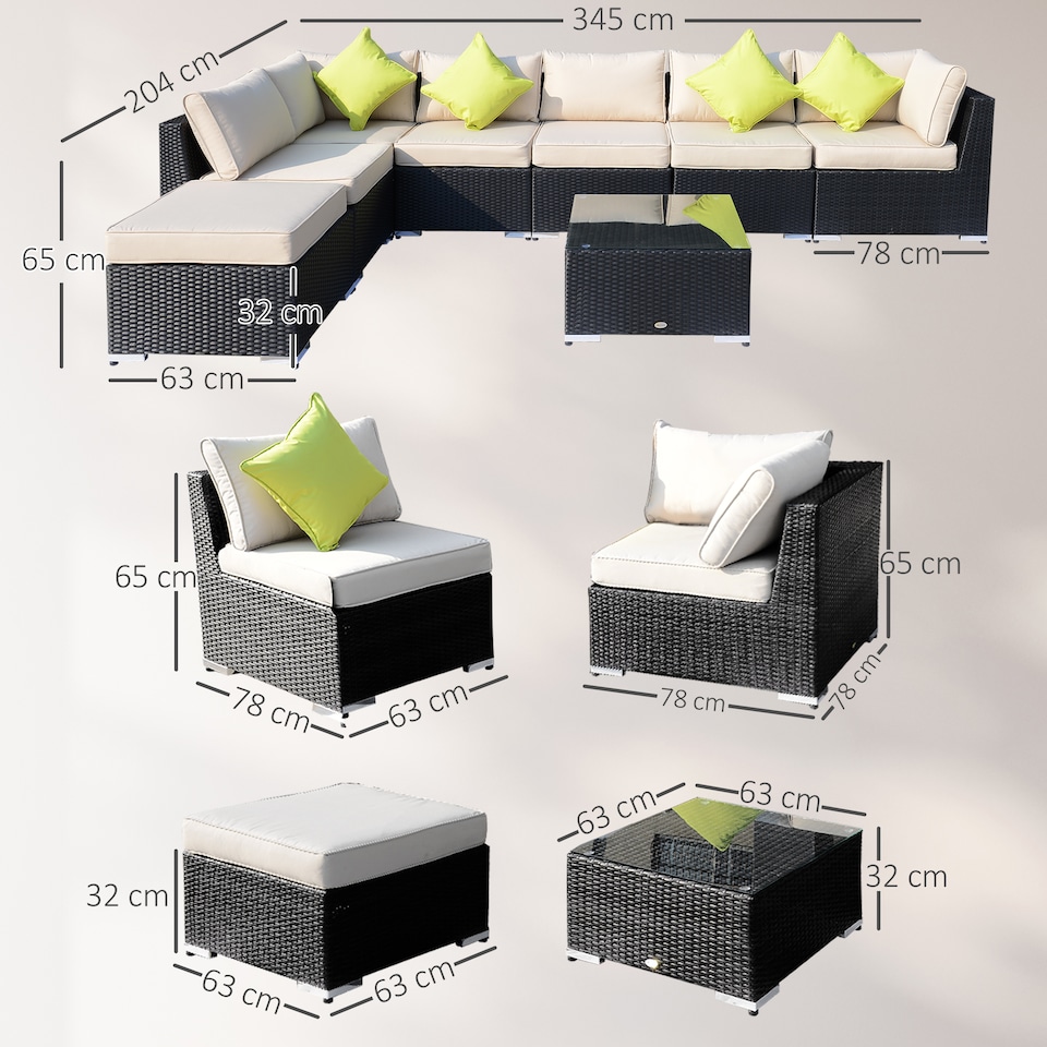 image 1 of Outsunny 8 Piece Rattan Corner Sofa Set with Wide & Deep Seat, Assembled Aluminium 7 Seater PE Rattan Garden Furniture Set with Thick Cushions and Glass Top Table for Outdoor, Conservatory, Black