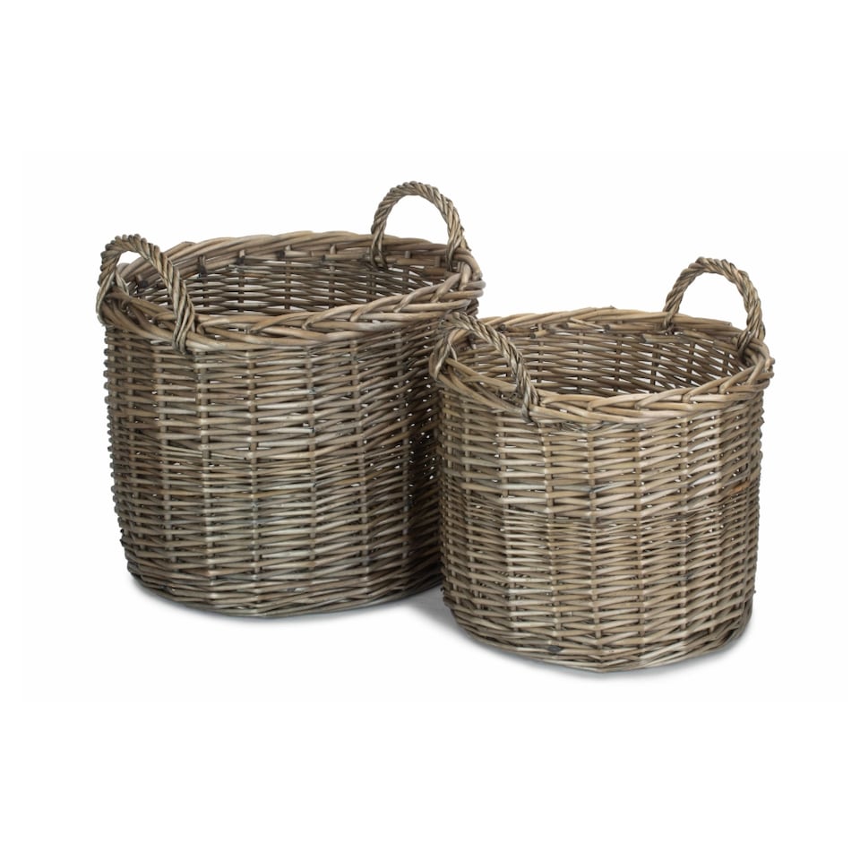 image 1 of Set of 2 Round Straight-Sided Wicker Log Storage Basket