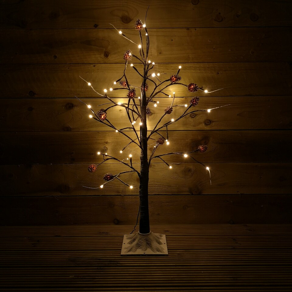 image 1 of 3ft Snowy Brown Twig Outdoor Christmas Tree with Pine Cones & 64 Warm White LEDs