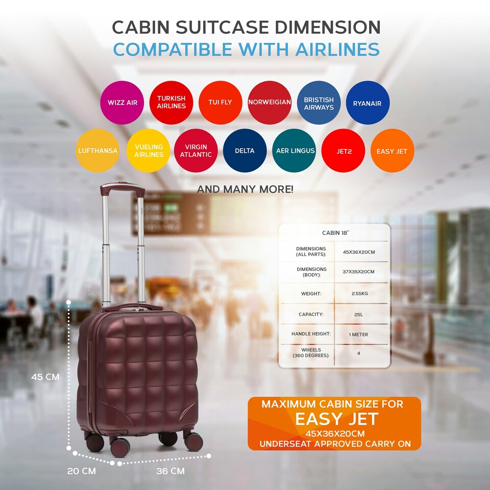 image 1 of Flight Knight Bubble Suitcase - Ryanair easyJet Jet2 Approved - 8 Wheel Carry Cabin Hardcase 45x36x20cm Purple | Burgundy | Cabin Bag