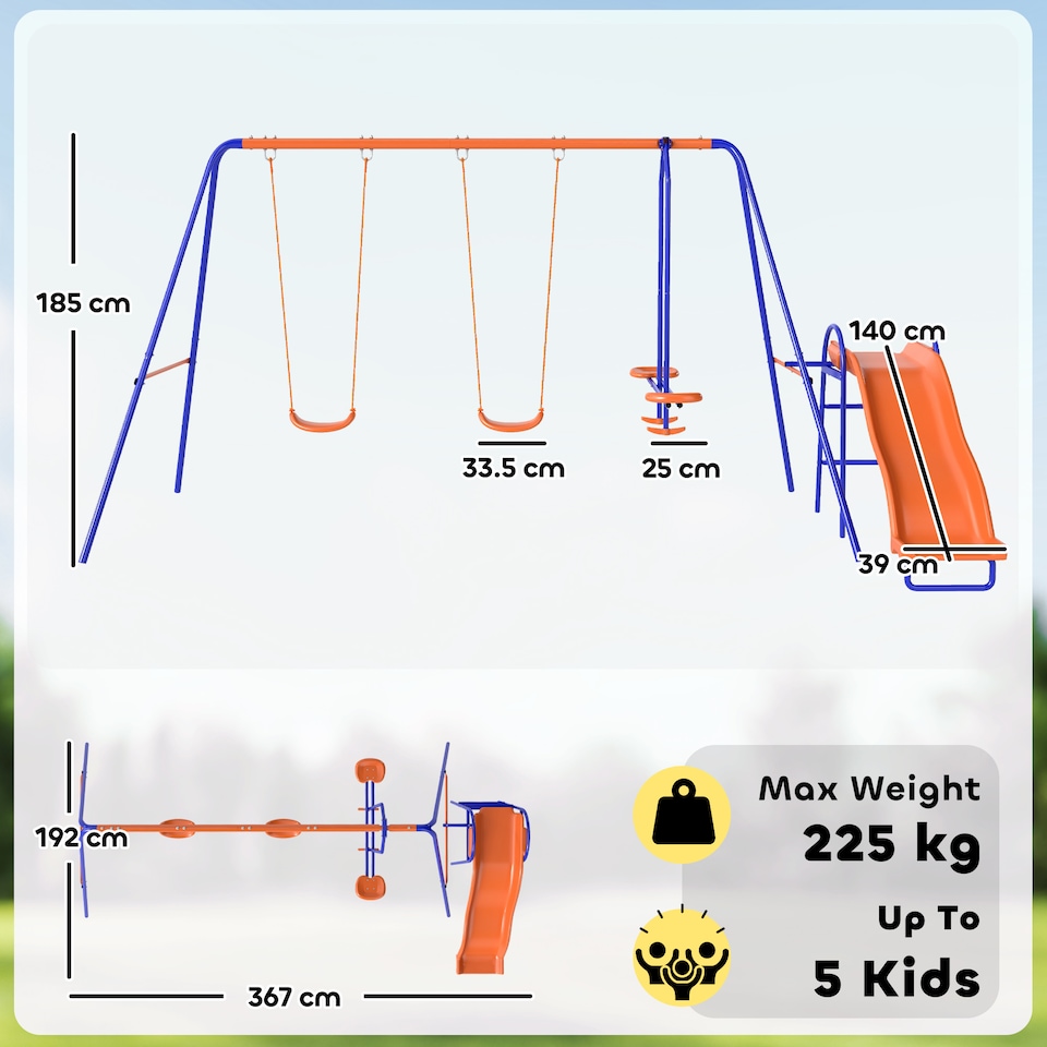 image 1 of Outsunny 4 in 1 Metal Kids Swing Set w Double Swings, Glider, Slide, Ladder