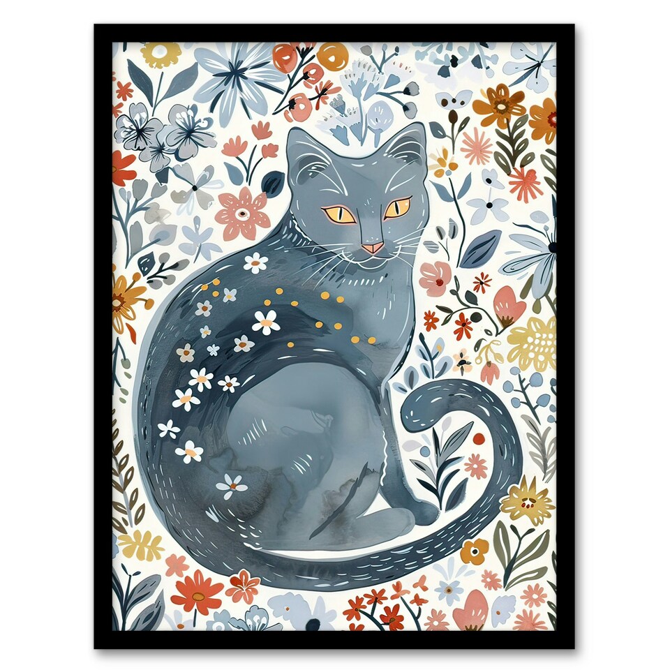 image 1 of Cat Lover Russian Blue with Bright Wildflowers Black Framed Wall Art Print A4