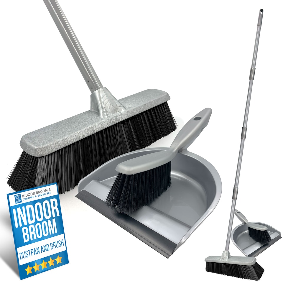 image 1 of Indoor Soft Sweeping Broom and Dustpan Set Long Handle Floor Brush for Wood and Tile