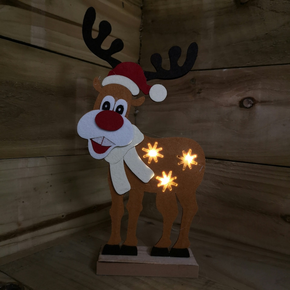 image 1 of Premier 32cm Felt Reindeer with Santa Hat and 3 Warm White LED