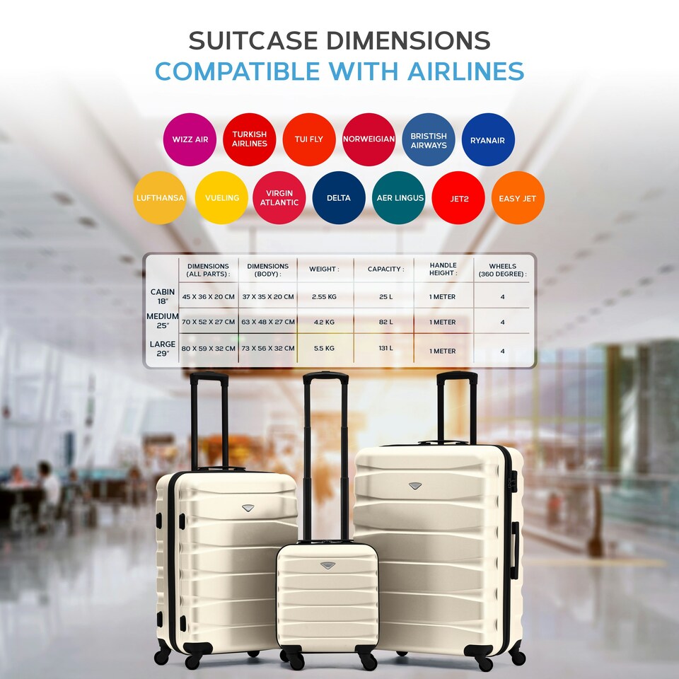 image 1 of Flight Knight Suitcase Sets 3 Piece, Large Suitcase, Extra Large Suitcase, easyJet Cabin Bag 45x36x20cm Underseat Carry On, 100+ Airlines Approved - BA, Ryanair | Cream | Cream/Black | Large