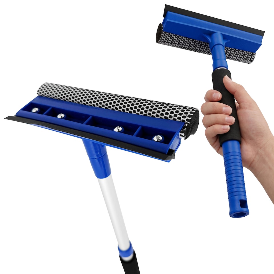 image 1 of Telescopic 2-in-1 Window Squeegee Extendable Glass Cleaner with Sponge Scrubber