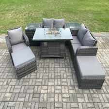 Fimous Outdoor Sofa Rattan Garden Furniture Set Patio Gas Fire Pit Dining Table and Reclining Chair set with 2 Side Tables 2 Big Footstool Dark Grey Mixed