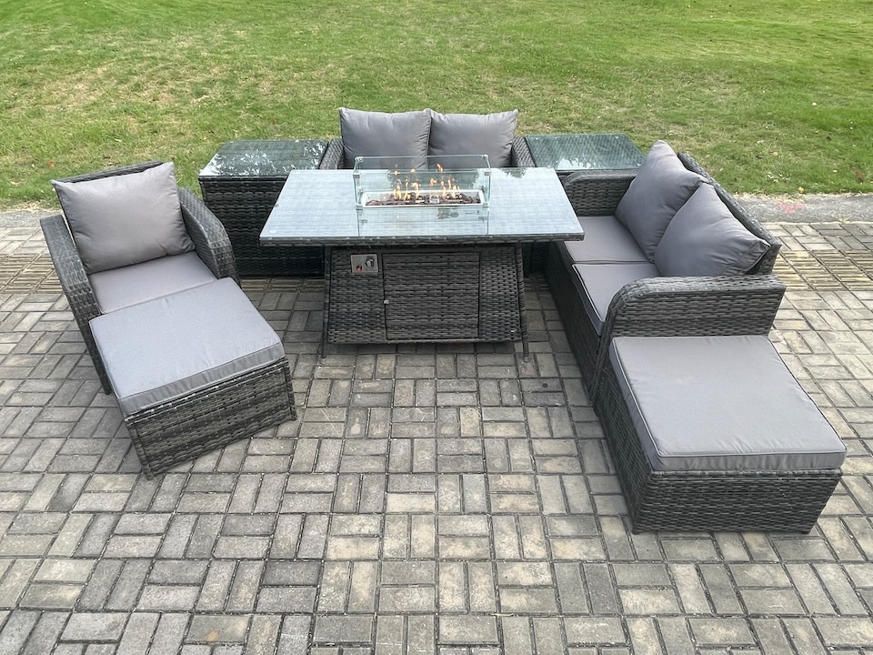 image 1 of Fimous Outdoor Sofa Rattan Garden Furniture Set Patio Gas Fire Pit Dining Table and Reclining Chair set with 2 Side Tables 2 Big Footstool Dark Grey Mixed