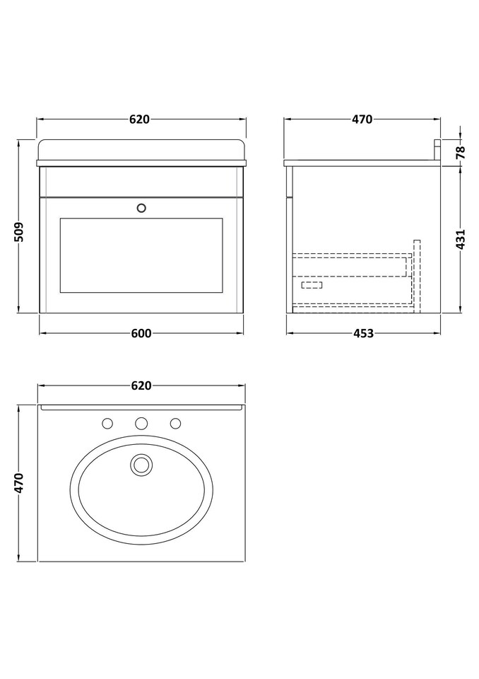image 1 of Balterley Swynnerton Traditional 1 Drawer Wall Hung Vanity Unit with Marble Basin, Satin Grey, 600mm