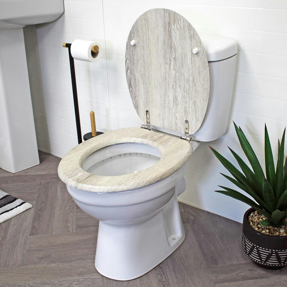 image 1 of Showerdrape Oxford Grey Oak Wooden Toilet Seat