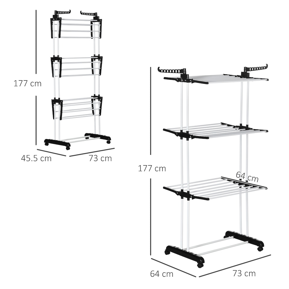 image 1 of HOMCOM 4-Tier Clothes Airer, Foldable Clothes Drying Rack with Wheels and Wings, Steel Garment Laundry Rack for Indoor and Outdoor Use, Black